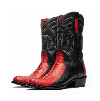 Marco Di Milano Denver Men's Shoes Red & Black Exotic Ostrich Skin Cowboy Boot (MDM1220)