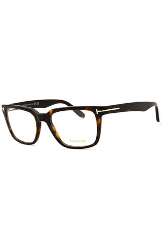 Tom Ford FT5304 rectangular eyeglasses in tortoiseshell acetate with signature gold T-logo temple detailing.