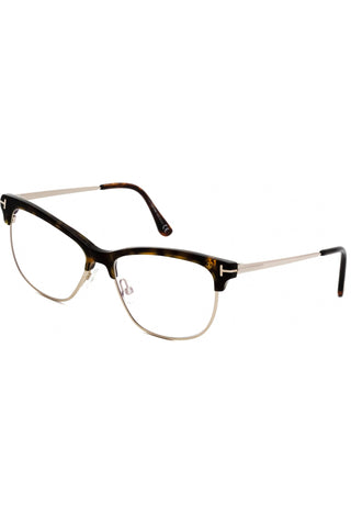 Tom Ford FT5546-B women's cat-eye eyeglasses featuring a tortoiseshell acetate browline and gold metal rims.
