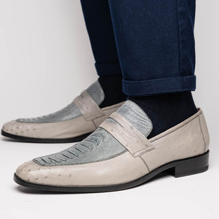 Marco Di Milano Fangio Men's Shoes Gray Genuine Ostrich Leg / Ostrich Quill Penny Loafers (MDM1112)