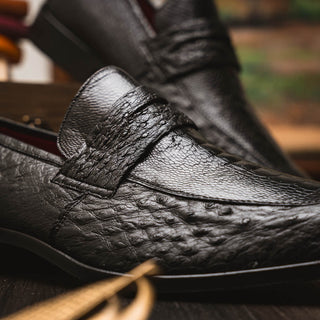 Marco Di Milano Fangio Men's Shoes Black Genuine Ostrich Leg / Ostrich Quill Penny Loafers (MDM1112)