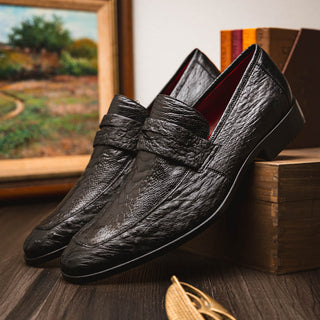 Marco Di Milano Fangio Men's Shoes Black Genuine Ostrich Leg / Ostrich Quill Penny Loafers (MDM1112)