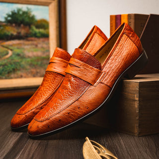 Marco Di Milano Fangio Men's Shoes Cognac Genuine Ostrich Leg / Ostrich Quill Penny Loafers (MDM1112)