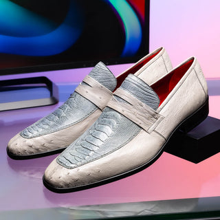 Marco Di Milano Fangio Men's Shoes Gray Genuine Ostrich Leg / Ostrich Quill Penny Loafers (MDM1112)