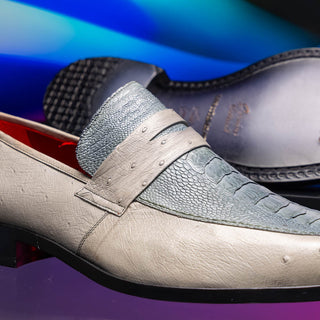 Marco Di Milano Fangio Men's Shoes Gray Genuine Ostrich Leg / Ostrich Quill Penny Loafers (MDM1112)