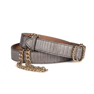 Fendi Women's Belt Gray Teju Lizard Gold Metal w/Chains (FFB1505)