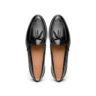 Zelli Italia Franco Men's Shoes Black Teju Lizard Skin Tassel Loafer (ZEL1006)