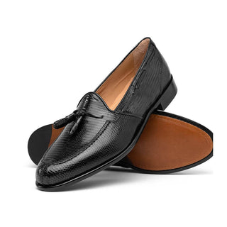 Zelli Italia Franco Men's Shoes Black Teju Lizard Skin Tassel Loafer (ZEL1006)