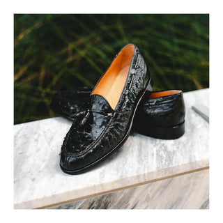 Zelli Italia Franco Men’s Shoes Black Ostrich Skin Tassel Loafer (ZEL1015)