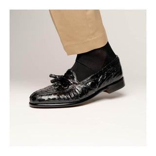 Zelli Italia Franco Men’s Shoes Black Ostrich Skin Tassel Loafer (ZEL1015)