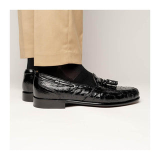 Zelli Italia Franco Men’s Shoes Black Ostrich Skin Tassel Loafer (ZEL1015)