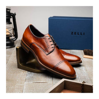 Zelli Italia Giovanni Men's Shoes Cognac Calf-Skin Leather Cap-Toe Derby (ZEL1038)