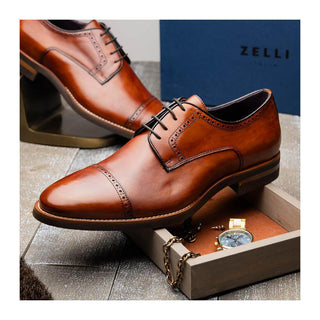 Zelli Italia Giovanni Men's Shoes Cognac Calf-Skin Leather Cap-Toe Derby (ZEL1038)