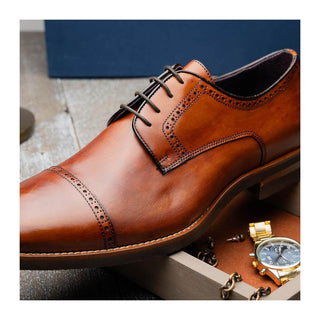 Zelli Italia Giovanni Men's Shoes Cognac Calf-Skin Leather Cap-Toe Derby (ZEL1038)