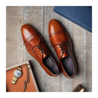 Zelli Italia Giovanni Men's Shoes Cognac Calf-Skin Leather Cap-Toe Derby (ZEL1038)