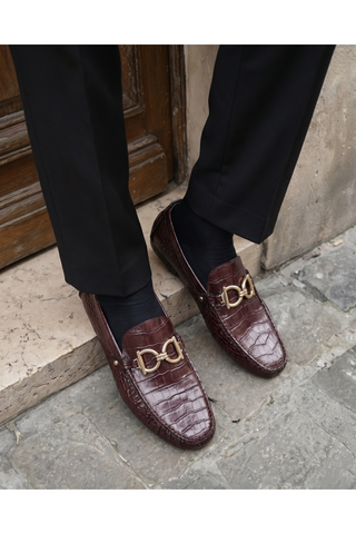 Vinci Pisa Embossed Leather Horse-Bit Loafer - Burgundy