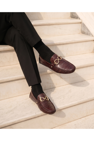 Vinci Pisa Embossed Leather Horse-Bit Loafer - Burgundy