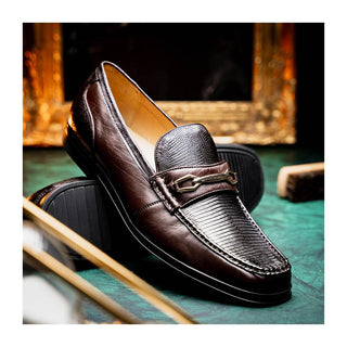 Marco Di Milano Ravello Men's Shoes Brown Exotic Lizard / Calf-Skin Leather Horsebit Loafers (MDM1083)