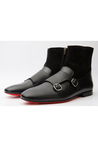 Vinci Preston Suede & Leather Double Monk-Strap Boot - Black