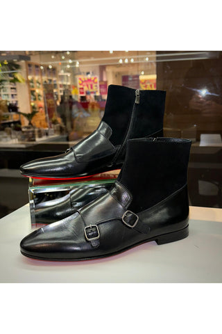 Vinci Preston Suede & Leather Double Monk-Strap Boot - Black