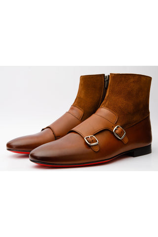 Vinci Preston Suede & Leather Double Monk-Strap Boot - Tan