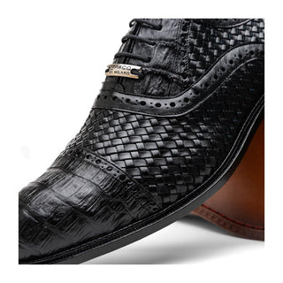 Marco Di Milano John Men's Black Shoes Exotic Caiman Crocodile / Woven Leather Oxfords (MDM1178)