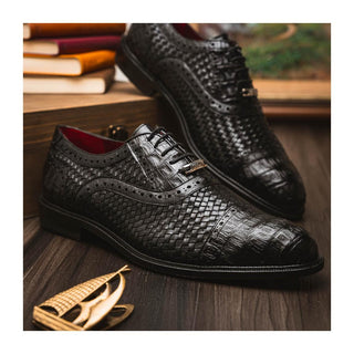 Marco Di Milano John Men's Black Shoes Exotic Caiman Crocodile / Woven Leather Oxfords (MDM1178)