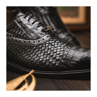 Marco Di Milano John Men's Black Shoes Exotic Caiman Crocodile / Woven Leather Oxfords (MDM1178)