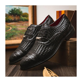 Marco Di Milano John Men's Black Shoes Exotic Caiman Crocodile / Woven Leather Oxfords (MDM1178)