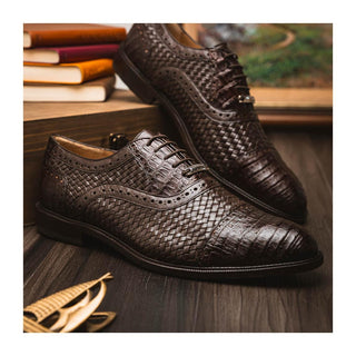 Marco Di Milano John Men's Shoes Brown Exotic Caiman Crocodile / Woven Leather Oxfords (MDM1178)