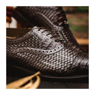 Marco Di Milano John Men's Shoes Brown Exotic Caiman Crocodile / Woven Leather Oxfords (MDM1178)