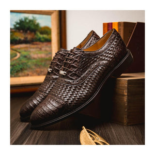Marco Di Milano John Men's Shoes Brown Exotic Caiman Crocodile / Woven Leather Oxfords (MDM1178)