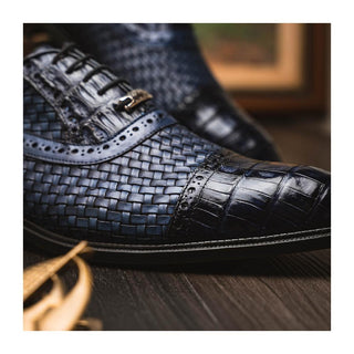 Marco Di Milano John Men's Shoes Navy Exotic Caiman Crocodile / Woven Leather Oxfords (MDM1178)