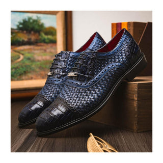 Marco Di Milano John Men's Shoes Navy Exotic Caiman Crocodile / Woven Leather Oxfords (MDM1178)