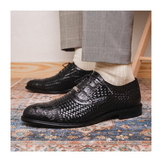 Marco Di Milano John Men's Black Shoes Exotic Caiman Crocodile / Woven Leather Oxfords (MDM1178)