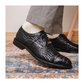 Marco Di Milano John Men's Black Shoes Exotic Caiman Crocodile / Woven Leather Oxfords (MDM1178)