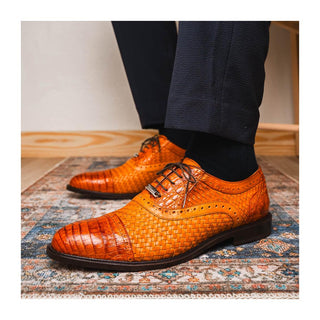 Marco Di Milano John Men's Shoes Brandy Exotic Caiman Crocodile / Woven Leather Oxfords (MDM1178)