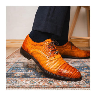 Marco Di Milano John Men's Shoes Brandy Exotic Caiman Crocodile / Woven Leather Oxfords (MDM1178)