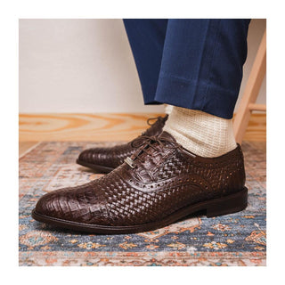 Marco Di Milano John Men's Shoes Brown Exotic Caiman Crocodile / Woven Leather Oxfords (MDM1178)