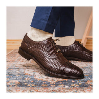 Marco Di Milano John Men's Shoes Brown Exotic Caiman Crocodile / Woven Leather Oxfords (MDM1178)