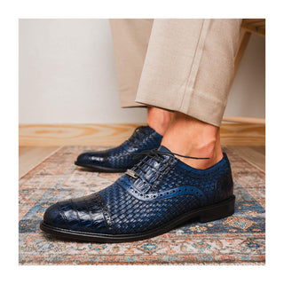 Marco Di Milano John Men's Shoes Navy Exotic Caiman Crocodile / Woven Leather Oxfords (MDM1178)