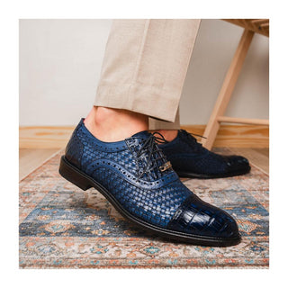 Marco Di Milano John Men's Shoes Navy Exotic Caiman Crocodile / Woven Leather Oxfords (MDM1178)