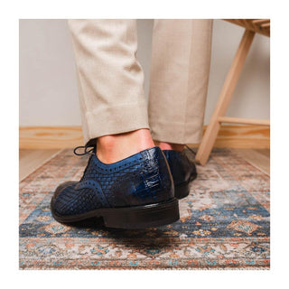 Marco Di Milano John Men's Shoes Navy Exotic Caiman Crocodile / Woven Leather Oxfords (MDM1178)