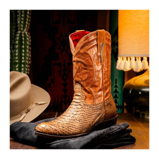 Marco Di Milano Kansas Men's Shoes Cognac Exotic Python Skin Cowboy Boot (MDM1247)