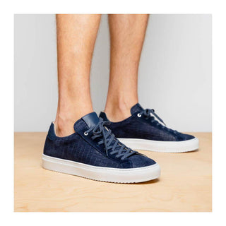 Zelli Italia Kobe Men's Shoes Navy Crocodile Print Goat-Skin Suede Sneaker (ZEL1059)