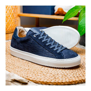 Zelli Italia Kobe Men's Shoes Navy Crocodile Print Goat-Skin Suede Sneaker (ZEL1059)