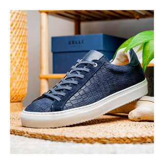 Zelli Italia Kobe Men's Shoes Navy Crocodile Print Goat-Skin Suede Sneaker (ZEL1059)
