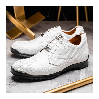 Marco Di Milano Kratos Men's Shoes White Exotic Caiman Crocodile Sport Sneakers (MDM1207)