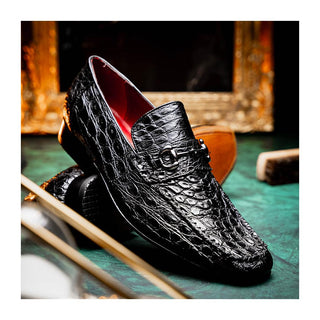 Marco Di Milano Landro Men's Shoes Black Exotic Crocodile Horsebit Loafers (MDM1023)