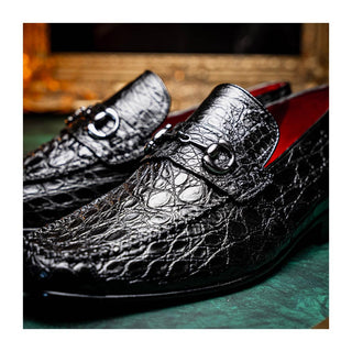 Marco Di Milano Landro Men's Shoes Black Exotic Crocodile Horsebit Loafers (MDM1023)